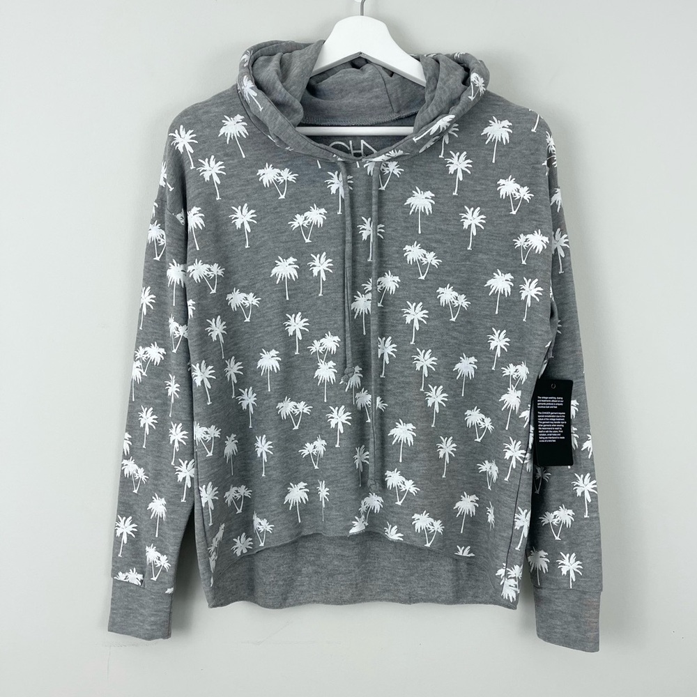 Chaser Cropped Hoodie Sweatshirt Palm Tree Print Gray and White